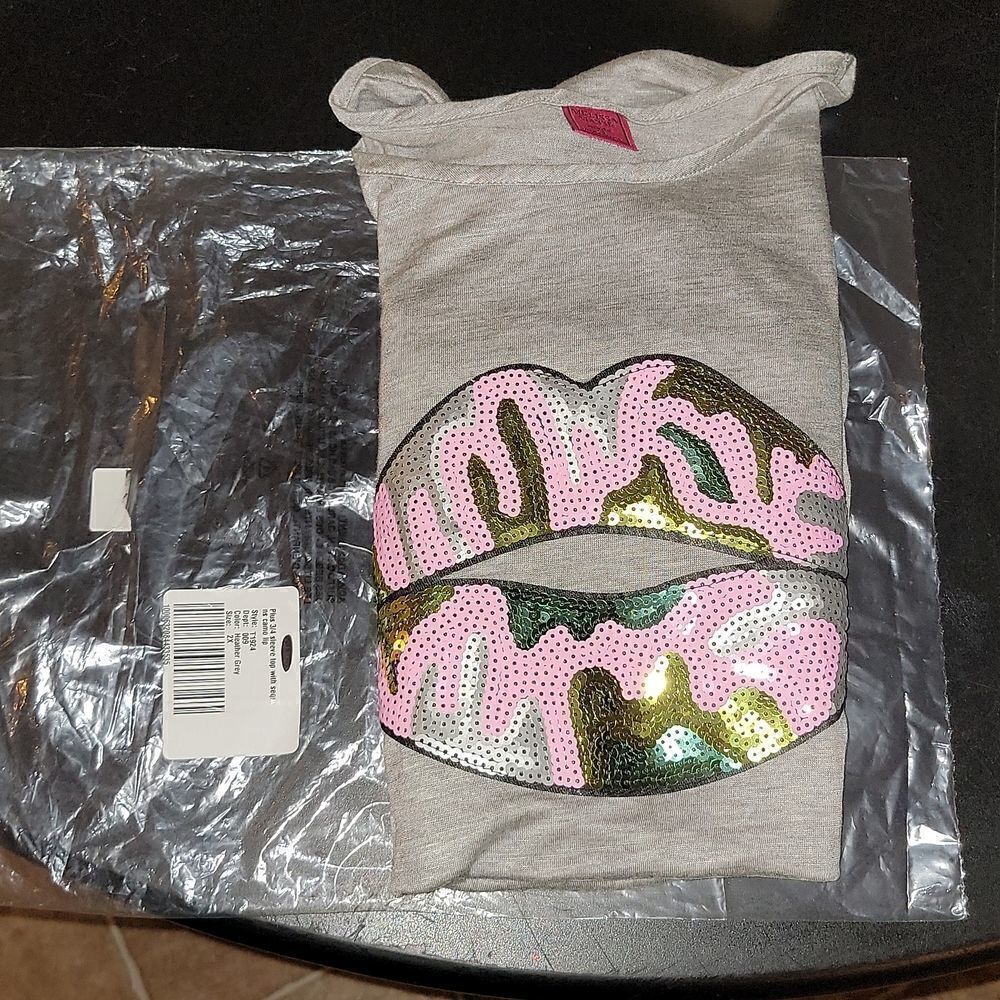 Melissa Masse Made to Measure Top Sequin Camo Lips Women's Plus Sz XXL 2X